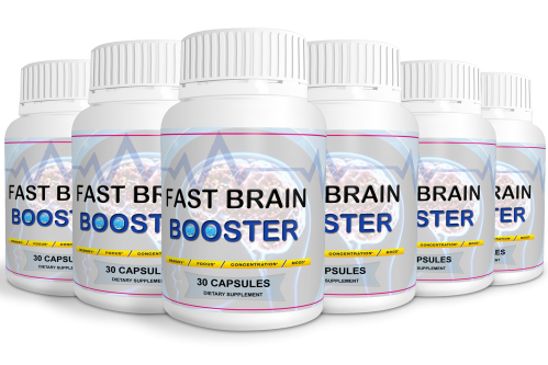 Lineup of Fast Brain Booster cognitive support supplement bottles, 30 capsules each